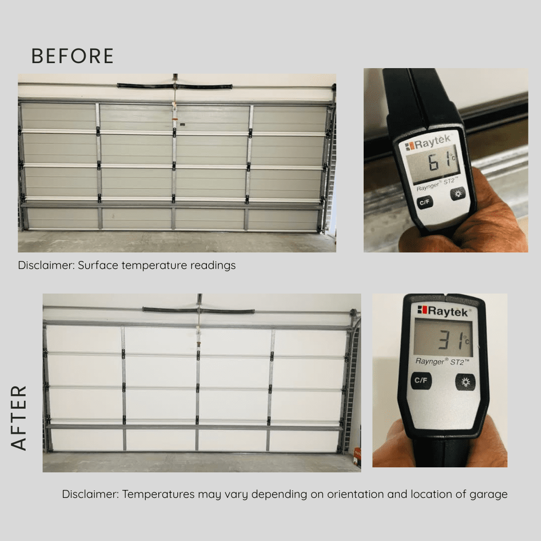 Before and after surface temperature readings of a garage door with and without ThermaDoor insulation