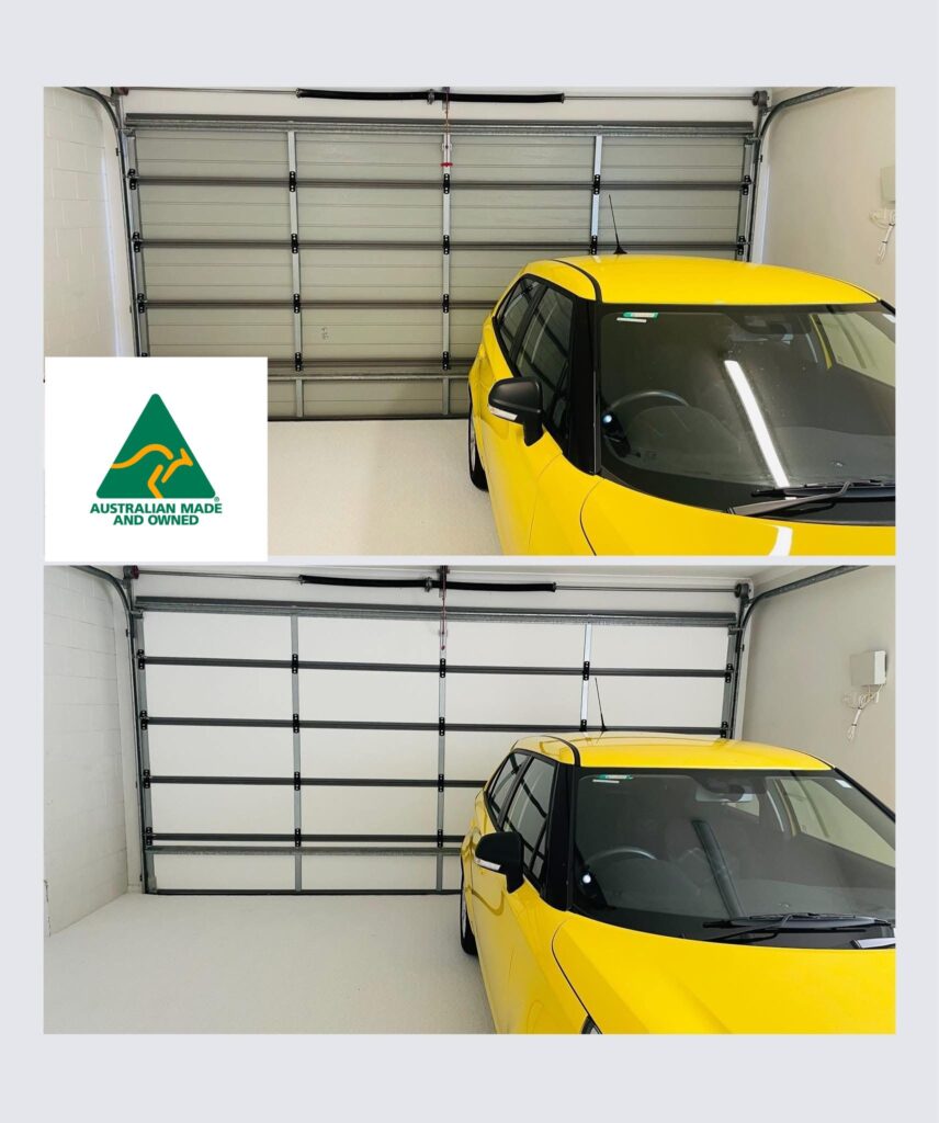 "Before and after comparison of a sectional garage door with and without ThermaDoor Premium insulation panels installed, featuring a yellow car inside the garage — Australian Made, purpose-built garage door insulation with independently verified R-values."