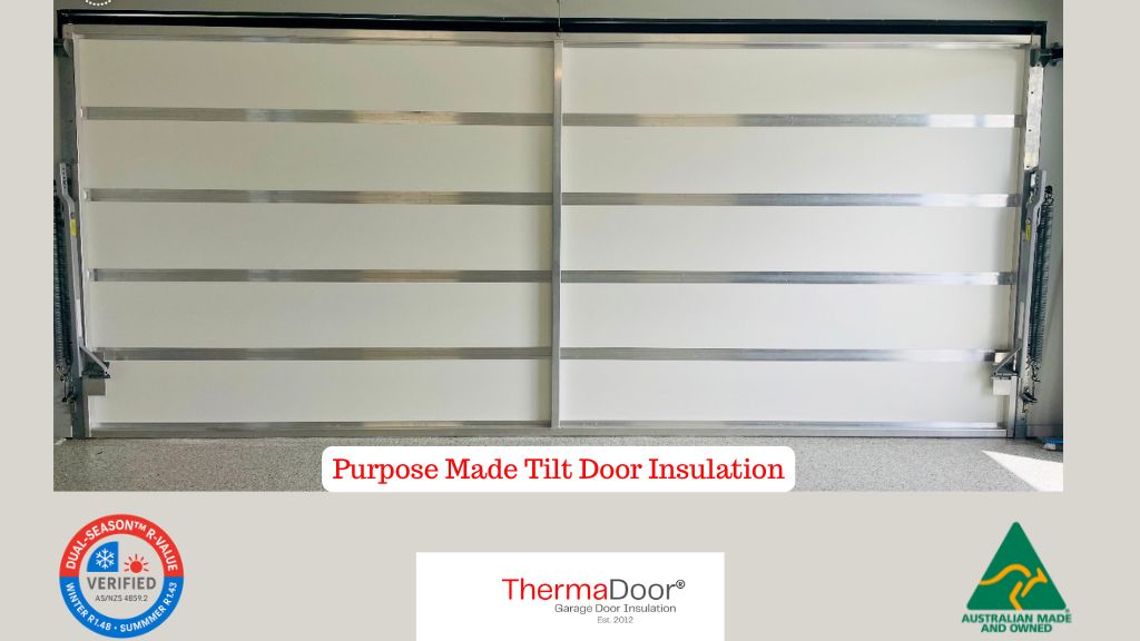 ThermaDoor Premium tilt door insulation installed on an Australian garage door, showing laminated panels, air gap design and verified R1.48+ thermal performance.