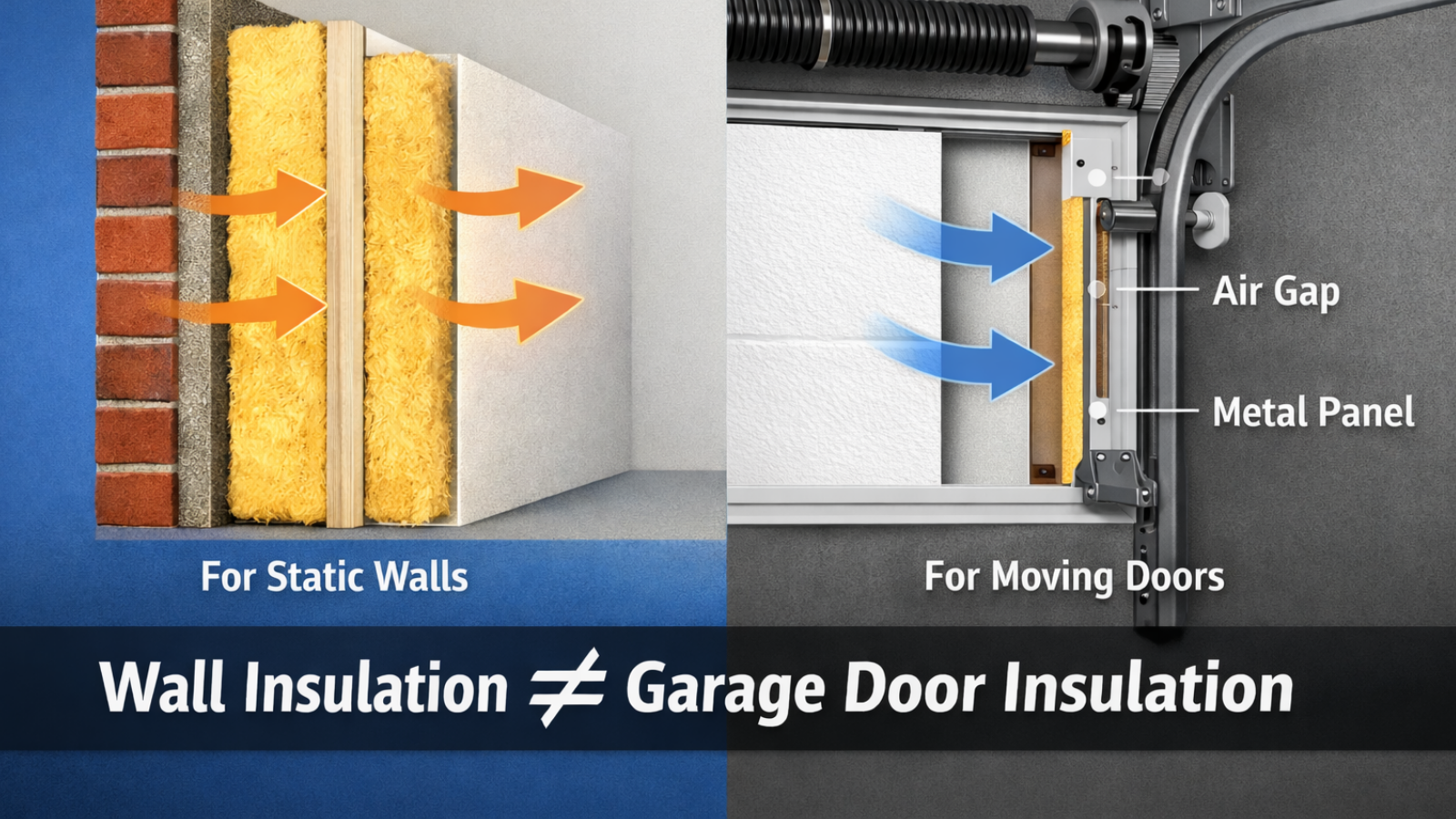 Diagram showing why wall insulation is not suitable for garage door insulation, highlighting movement, air gap and metal panel differences