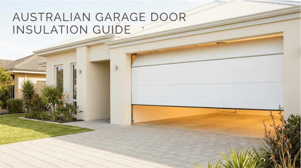 A modern Australian home with a partially open sectional garage door, showing the premium white insulated panels inside. The image represents a guide to whether garage door insulation is worth it.