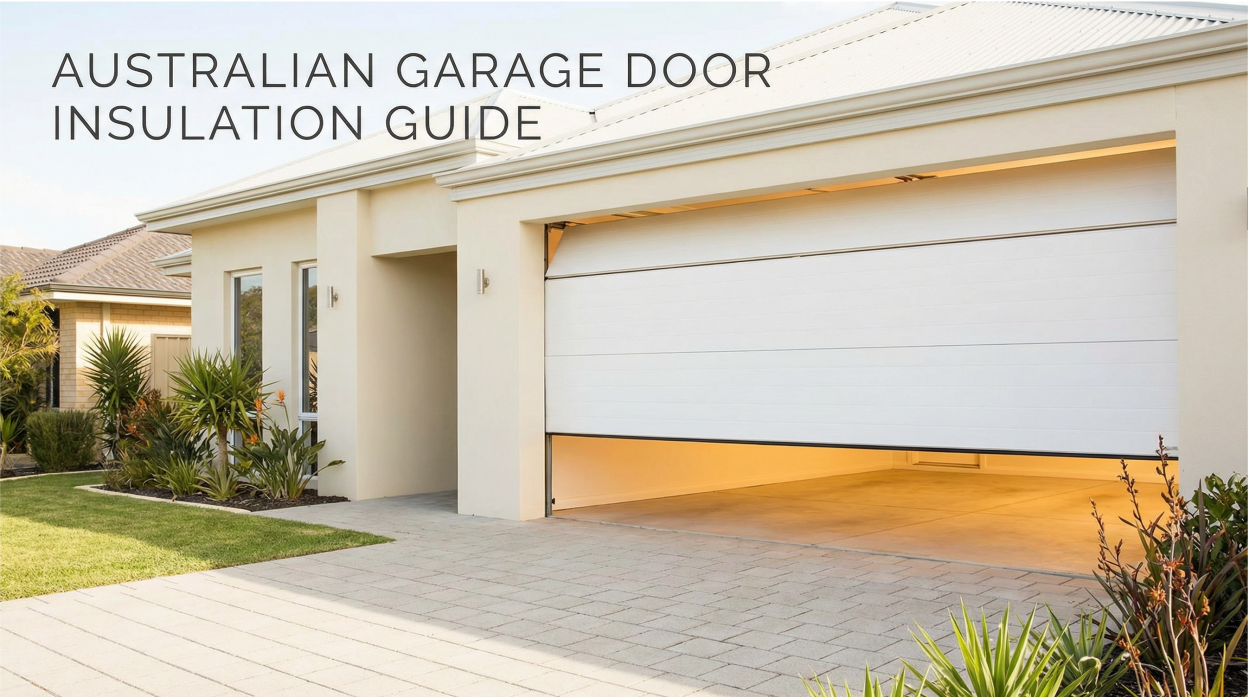 A modern Australian home with a partially open sectional garage door, showing the premium white insulated panels inside. The image represents a guide to whether garage door insulation is worth it.
