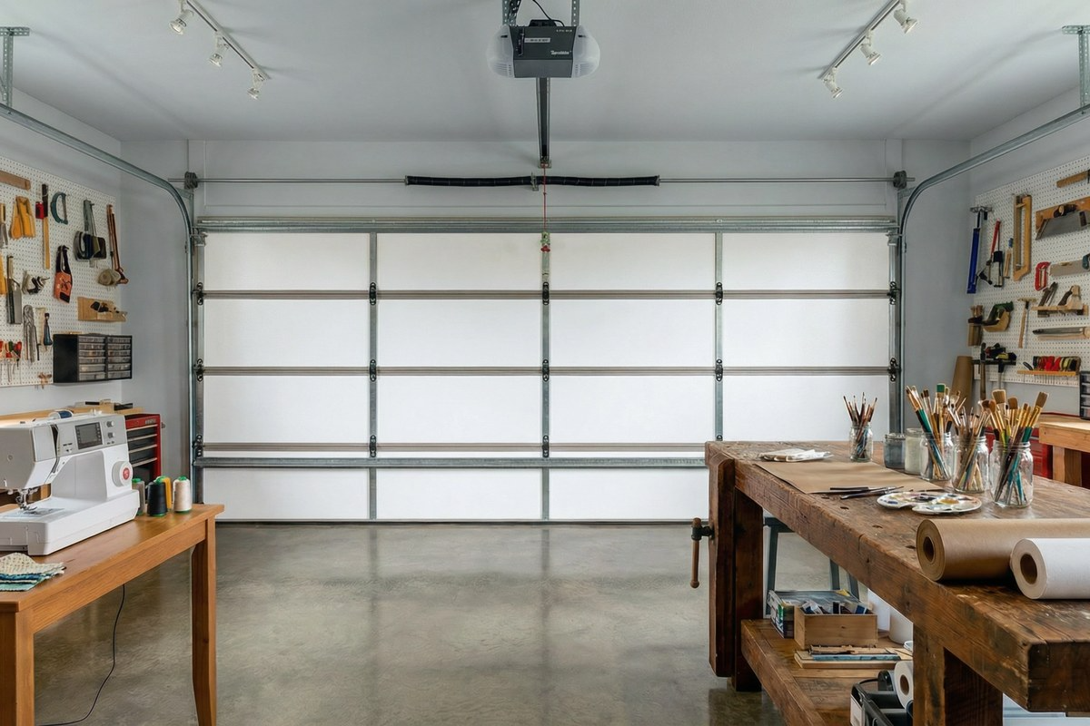 Hobby studio in insulated garage using ThermaDoor purpose-built insulation