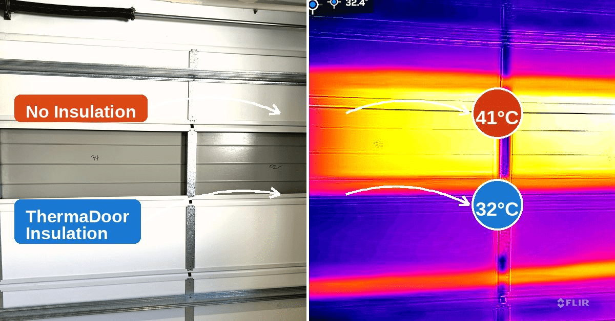 FLIR thermal image comparing uninsulated garage door panel at 41°C versus ThermaDoor insulated panel at 32°C