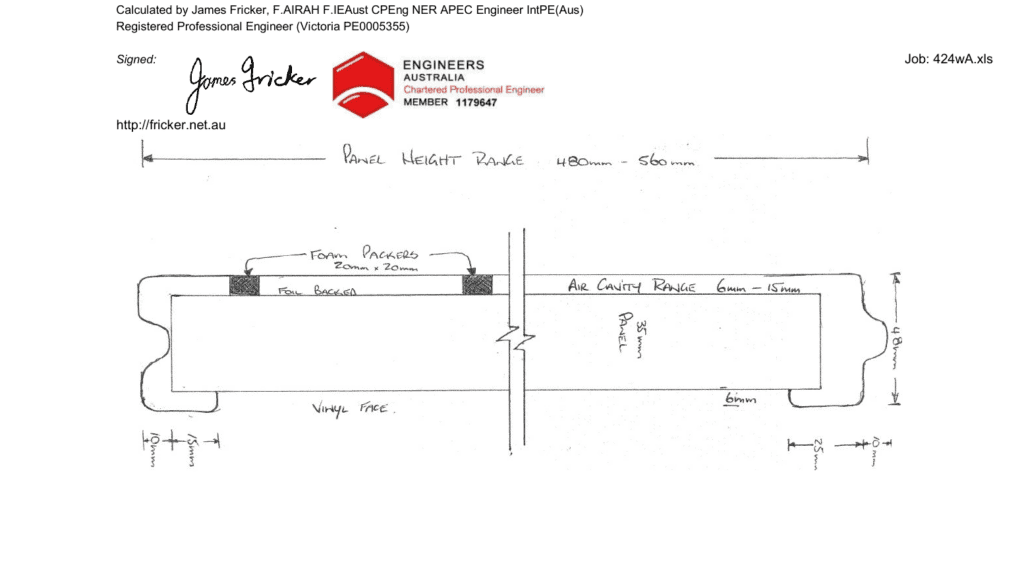 Construction diagram and signature from the ThermaDoor thermal performance engineering report, calculated to AS/NZS 4859.2:2018 by James M Fricker, Chartered Professional Engineer, Engineers Australia Member 1179647.