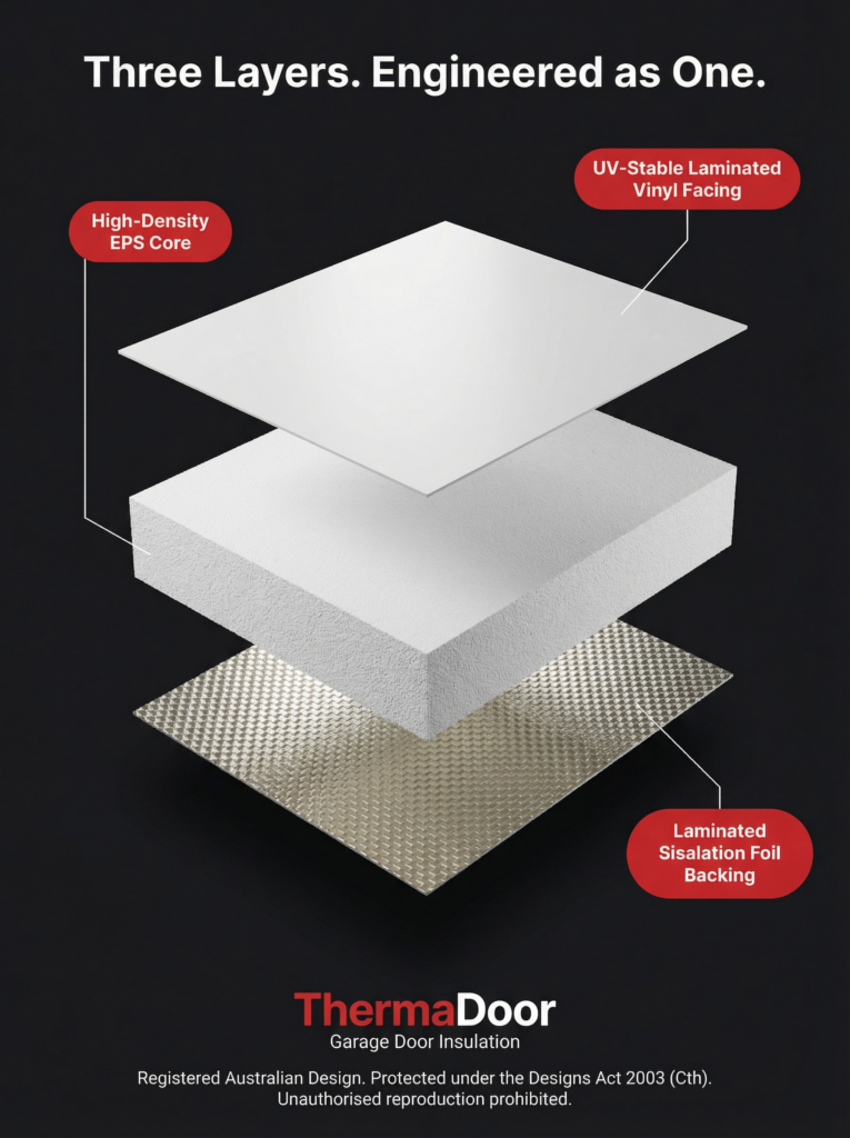Exploded diagram of ThermaDoor garage door insulation panel showing UV-Stable Laminated Vinyl Facing, High-Density EPS Core, and Laminated Sisalation Foil Backing