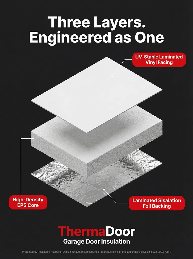 Exploded diagram of ThermaDoor garage door insulation panel showing UV-Stable Laminated Vinyl Facing, High-Density EPS Core, and Laminated Sisalation Foil Backing