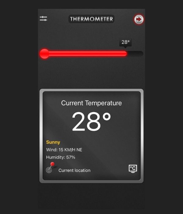 Thermometer app showing current temperature of 28 degrees Celsius, sunny conditions, wind 15 kilometres per hour north-east, humidity 57 percent