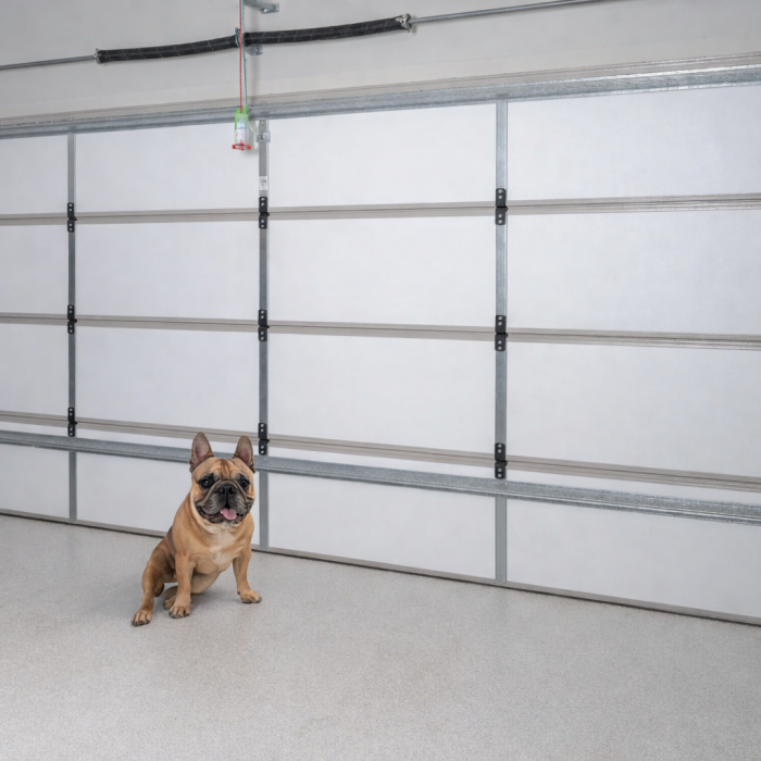 Bowie the French bulldog relaxing in a comfortable, insulated garage using ThermaDoor garage door insulation in an Australian home